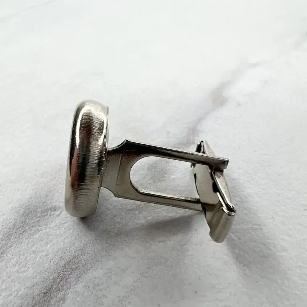 Vintage Silver Tone and Black Round Single Cufflink